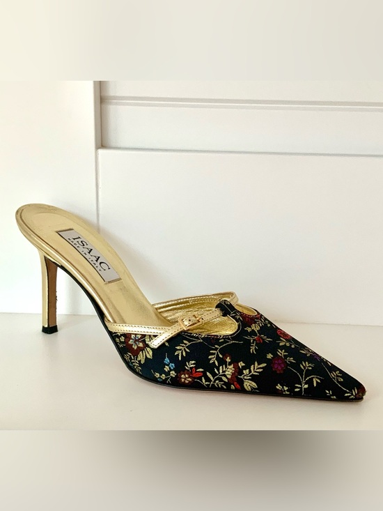 Isaac Mizrahi Shoes - Isaac Mizrahi Black Floral Pointed Slip-On Mule with Gold Trim